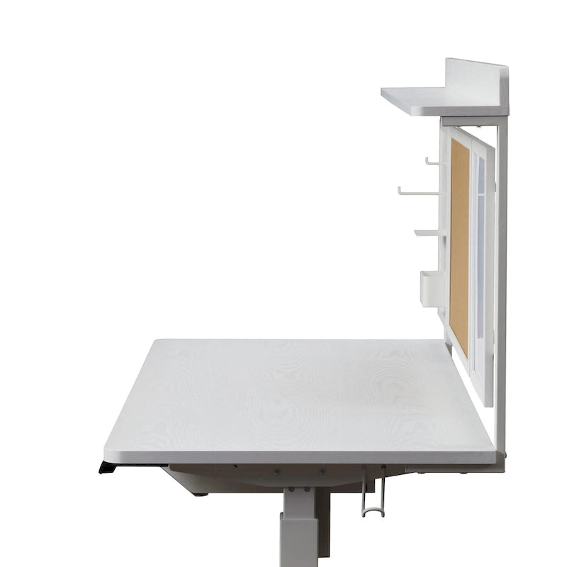Bureau assis-debout électrique blanc avec tiroir et panneau arrière, poste de travail réglable en hauteur pour bureau à domicile