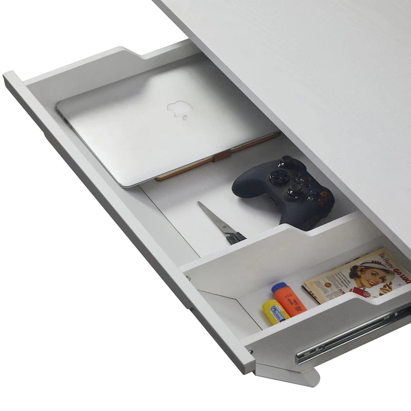 Bureau assis-debout électrique blanc avec tiroir et panneau arrière, poste de travail réglable en hauteur pour bureau à domicile