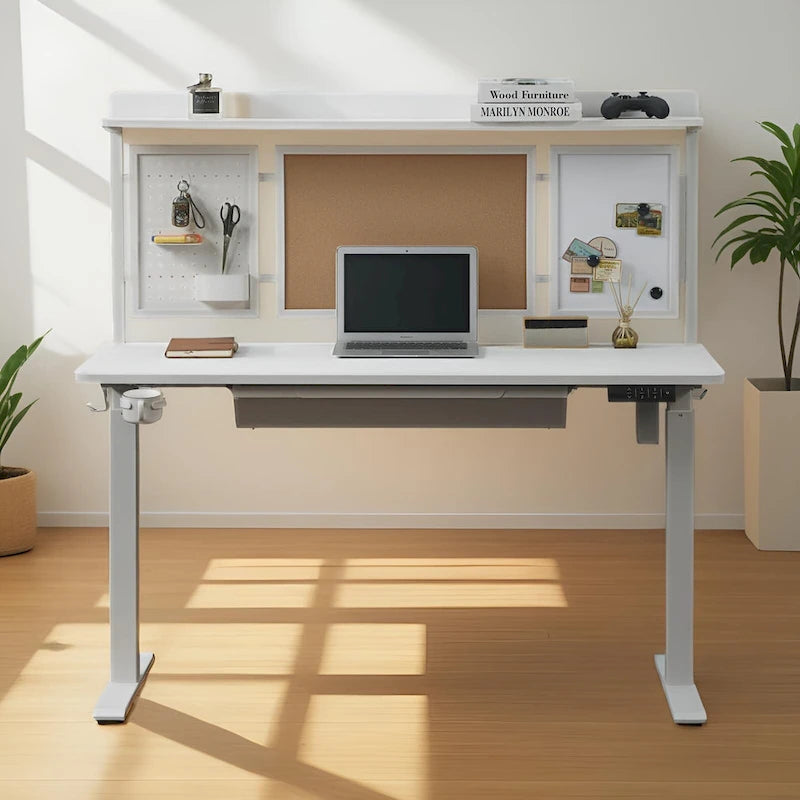 Bureau assis-debout électrique blanc avec tiroir et panneau arrière, poste de travail réglable en hauteur pour bureau à domicile