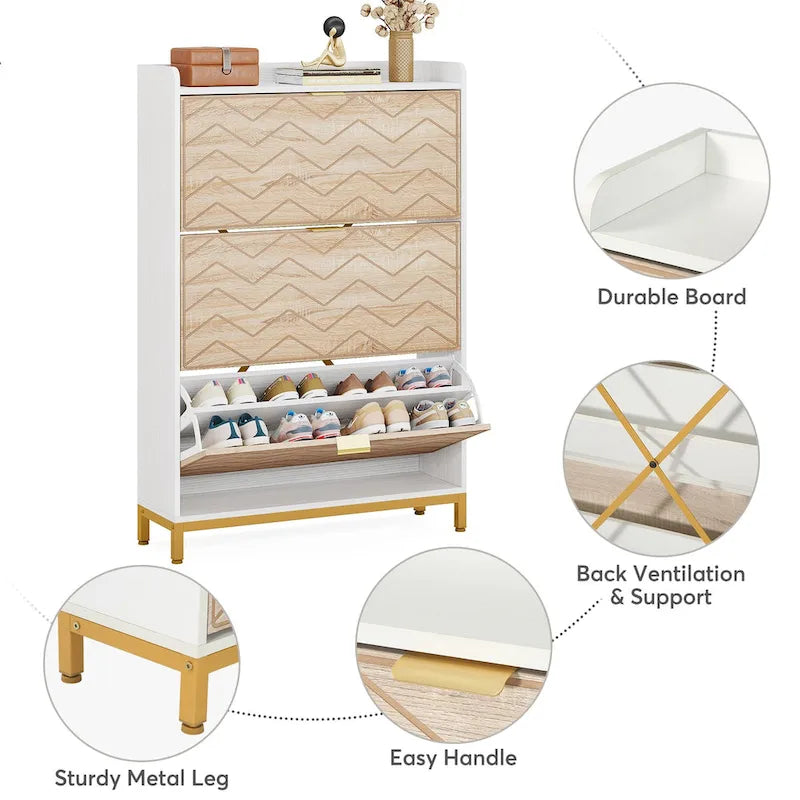 Modern Wood White Shoe Storage Cabinet with 3 Flip Doors, 24 Pair Shoe Organizer Cabinet
