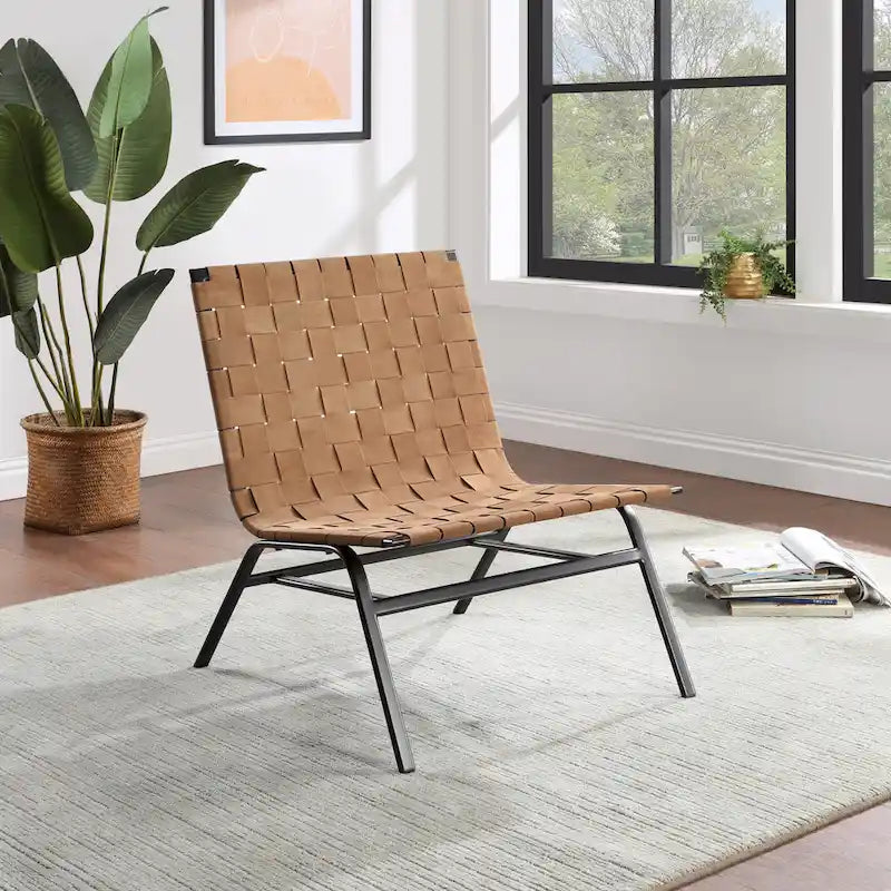 Woven Brown Leather Accent Chair
