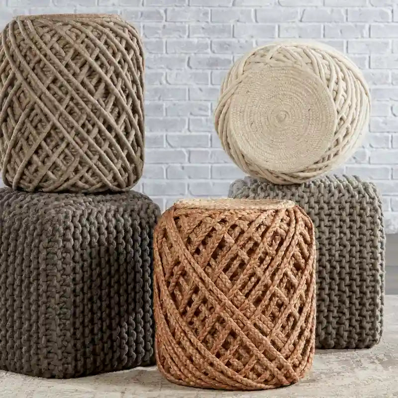 Braided Jute Cylinder Pouf with Scandinavian Design for Living Room