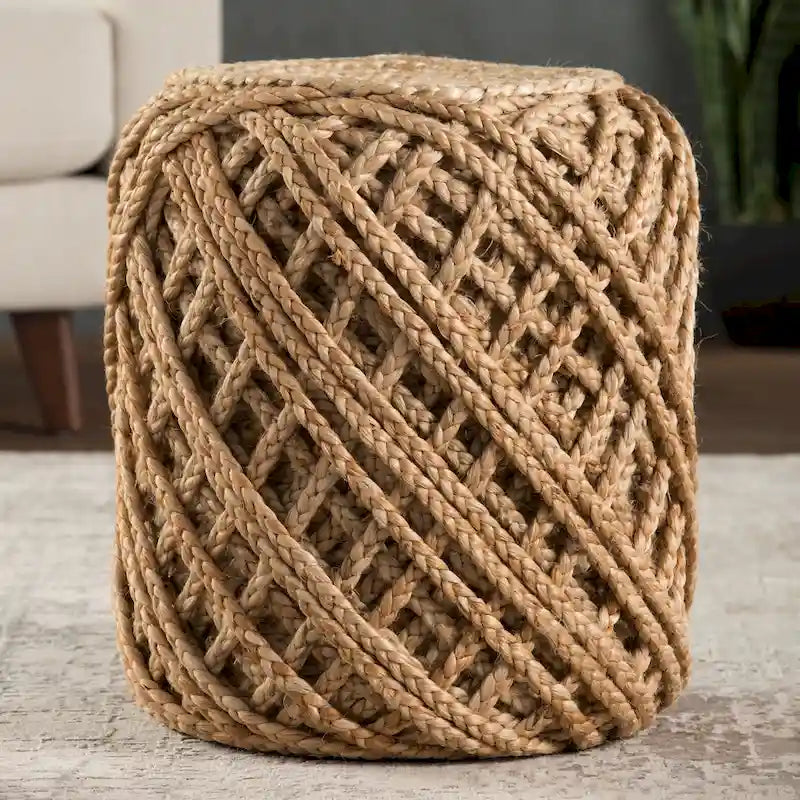 Braided Jute Cylinder Pouf with Scandinavian Design for Living Room