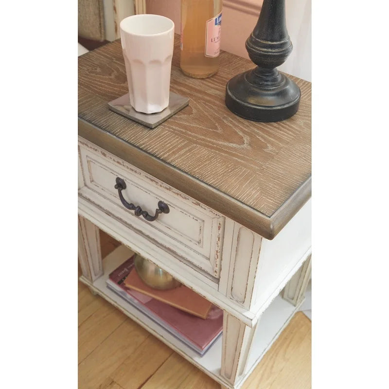 1-Drawer Chipped White and Brown Wood Nightstand