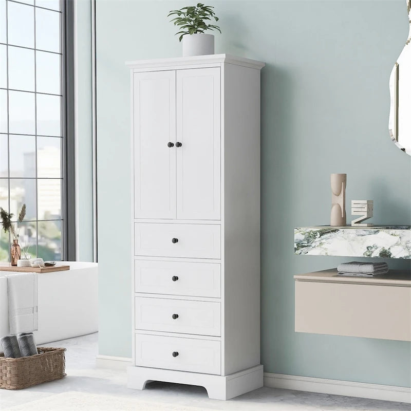 Wooden Storage Cabinet with 2 Doors and 4 Drawers, Adjustable Shelf