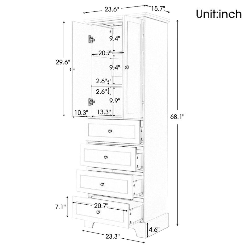 Wooden Storage Cabinet with 2 Doors and 4 Drawers, Adjustable Shelf