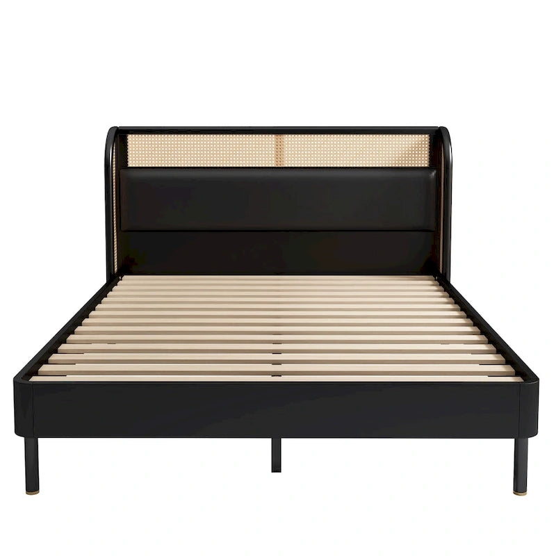 Modern Cannage Rattan Wood Platform Queen Bed, Black