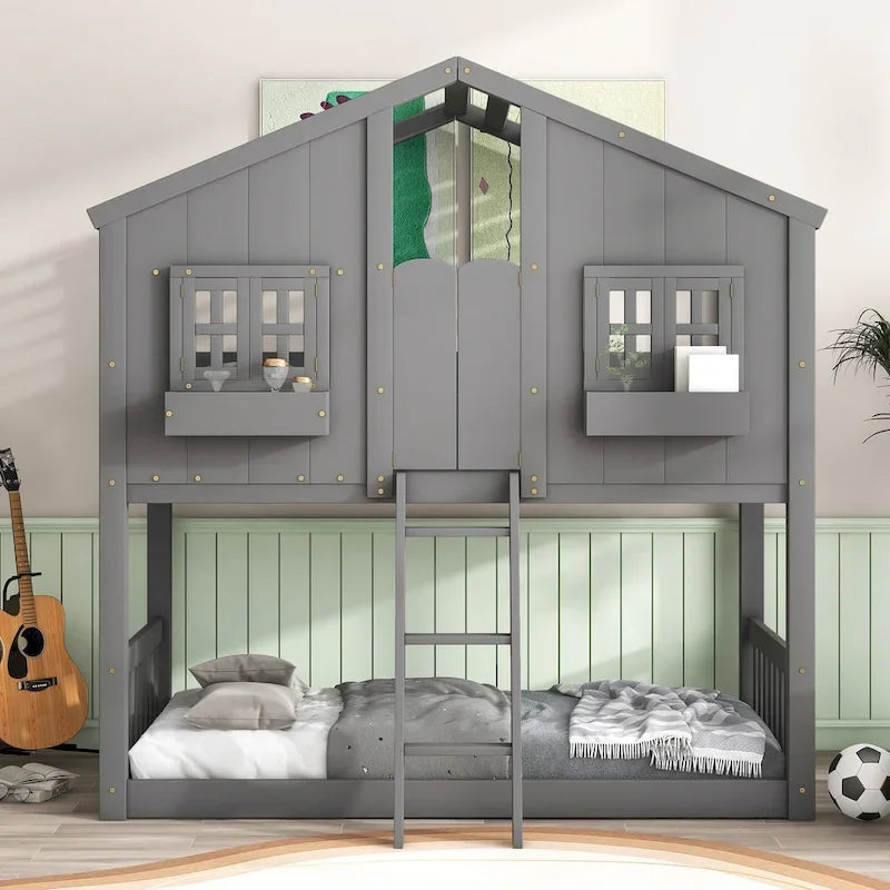 Twin over Twin House Bunk Bed with Roof, Window, Window Box and Door, Safety Guardrails and Ladder, Grey