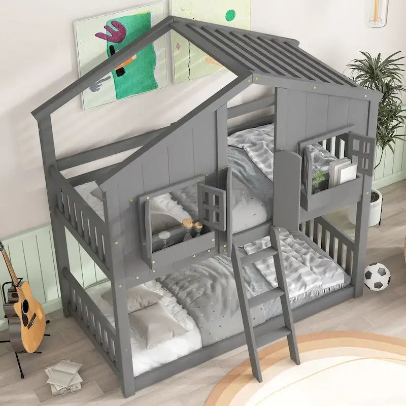 Twin over Twin House Bunk Bed with Roof, Window, Window Box and Door, Safety Guardrails and Ladder, Grey
