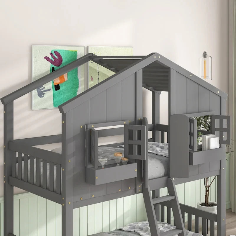 Twin over Twin House Bunk Bed with Roof, Window, Window Box and Door, Safety Guardrails and Ladder, Grey