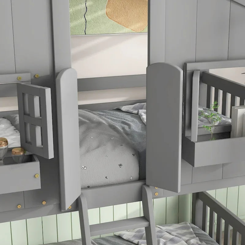 Twin over Twin House Bunk Bed with Roof, Window, Window Box and Door, Safety Guardrails and Ladder, Grey