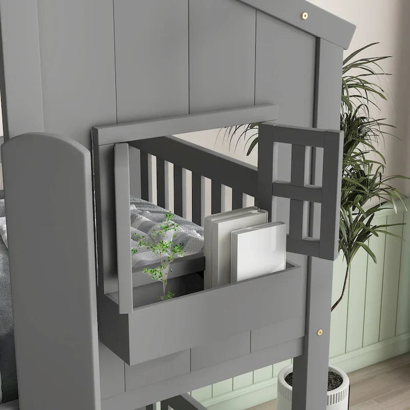 Twin over Twin House Bunk Bed with Roof, Window, Window Box and Door, Safety Guardrails and Ladder, Grey