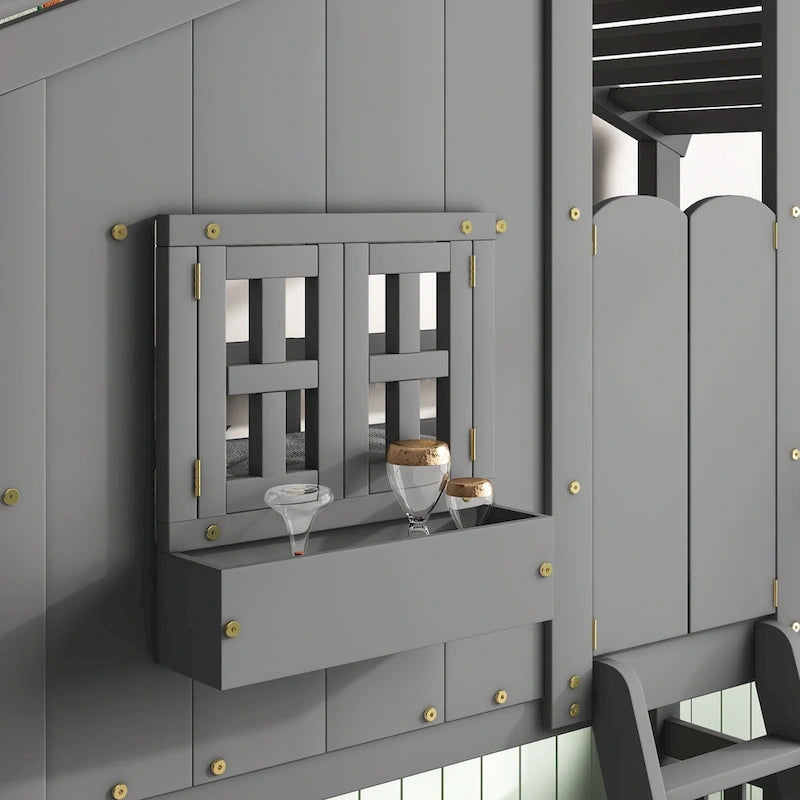 Twin over Twin House Bunk Bed with Roof, Window, Window Box and Door, Safety Guardrails and Ladder, Grey