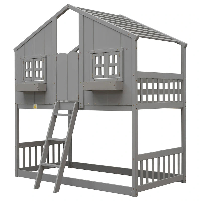Twin over Twin House Bunk Bed with Roof, Window, Window Box and Door, Safety Guardrails and Ladder, Grey