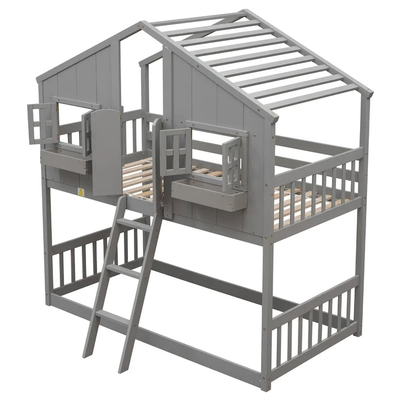 Twin over Twin House Bunk Bed with Roof, Window, Window Box and Door, Safety Guardrails and Ladder, Grey