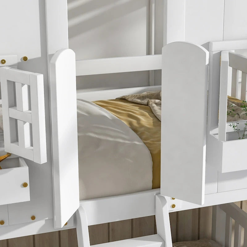 Twin over Twin House Bunk Bed with Roof, Window, Window Box and Door, Safety Guardrails and Ladder, Grey