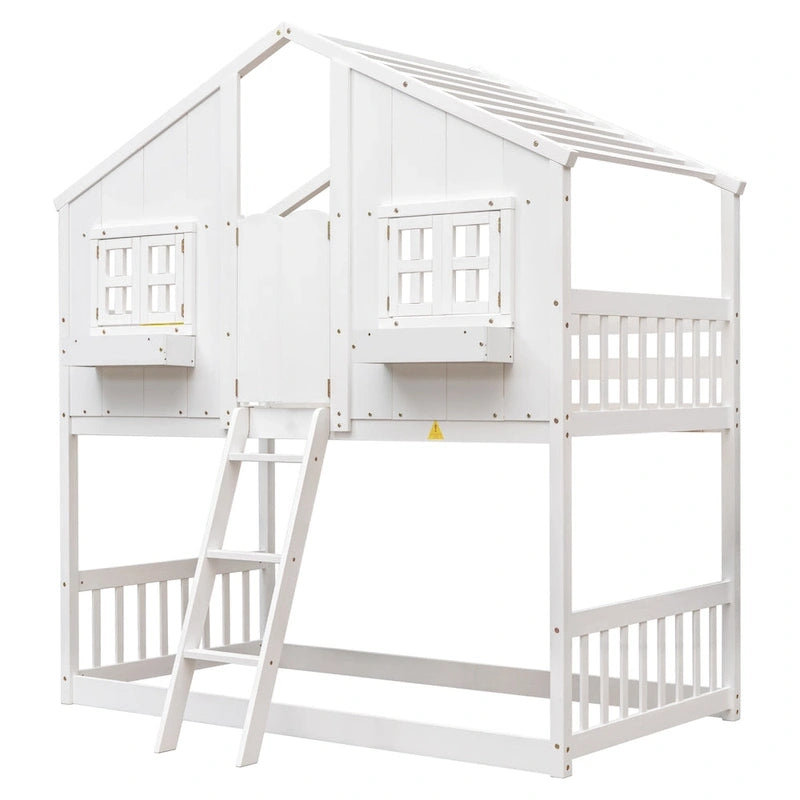 Twin over Twin House Bunk Bed with Roof, Window, Window Box and Door, Safety Guardrails and Ladder, Grey