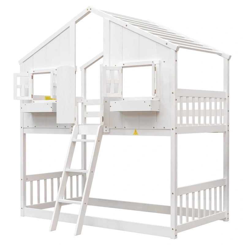 Twin over Twin House Bunk Bed with Roof, Window, Window Box and Door, Safety Guardrails and Ladder, Grey