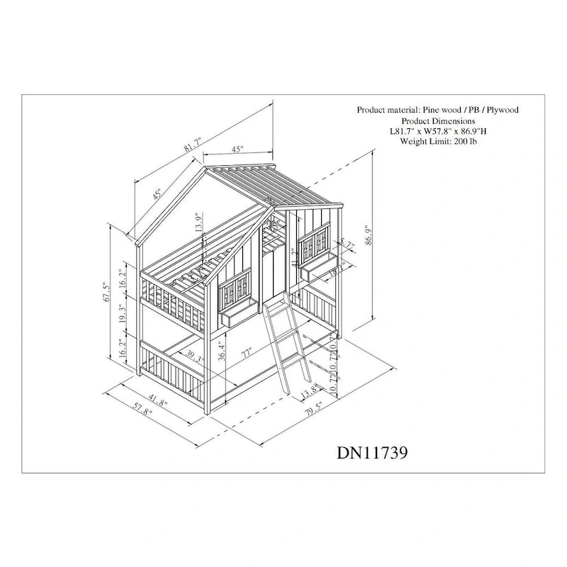 Twin over Twin House Bunk Bed with Roof, Window, Window Box and Door, Safety Guardrails and Ladder, Grey