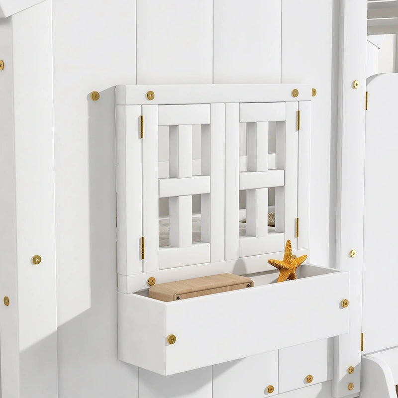 Twin over Twin House Bunk Bed with Roof, Window, Window Box and Door, Safety Guardrails and Ladder, Grey