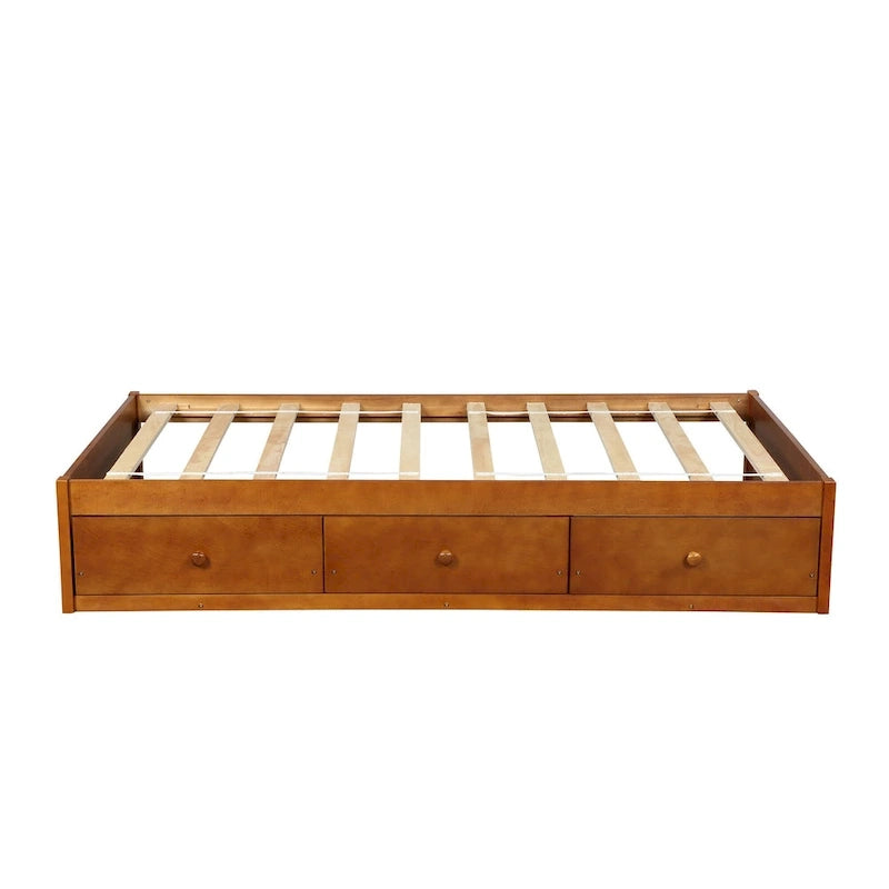 Lit de rangement plateforme écologique en pin massif, taille double, 3 tiroirs, couleur chêne