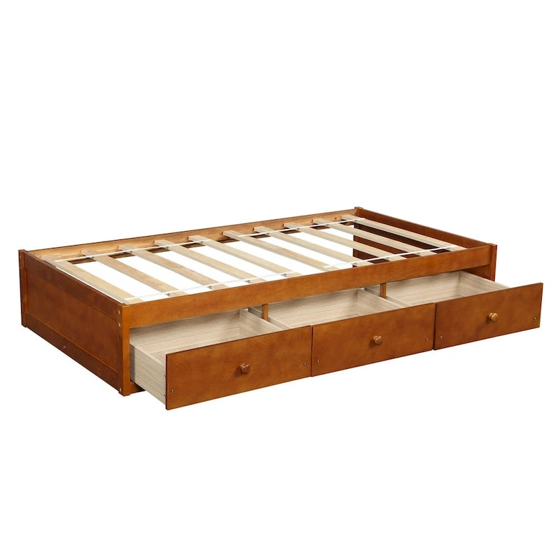 Lit de rangement plateforme écologique en pin massif, taille double, 3 tiroirs, couleur chêne