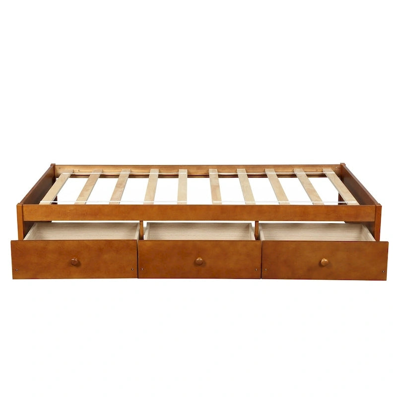 Lit de rangement plateforme écologique en pin massif, taille double, 3 tiroirs, couleur chêne