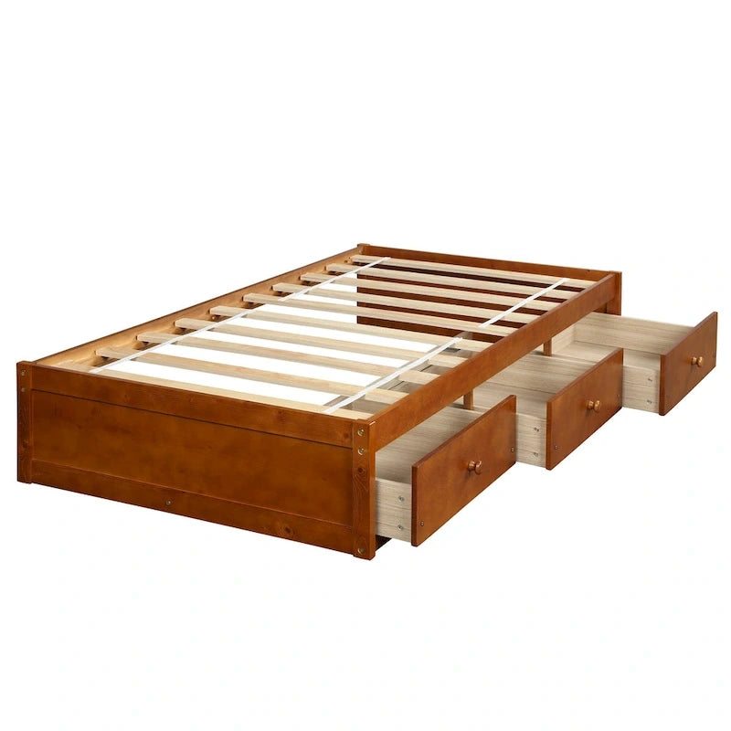 Lit de rangement plateforme écologique en pin massif, taille double, 3 tiroirs, couleur chêne