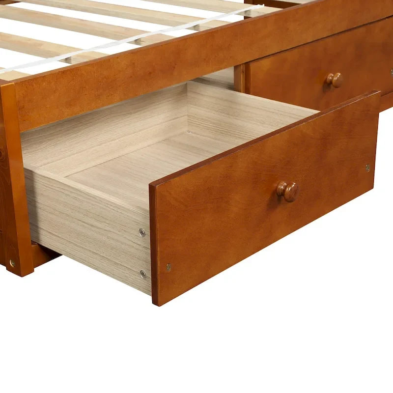 Lit de rangement plateforme écologique en pin massif, taille double, 3 tiroirs, couleur chêne