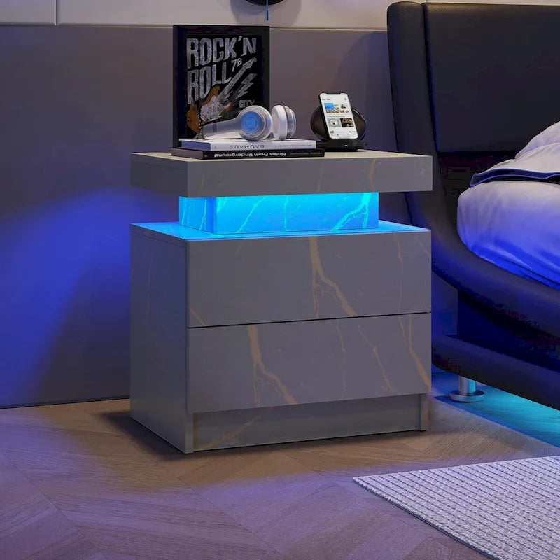 LED Nightstand Bedside Table Cabinet with 2 Drawers for Bedroom