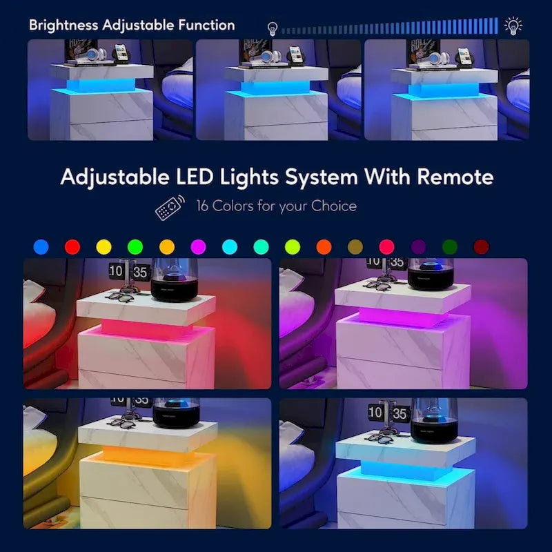 LED Nightstand Bedside Table Cabinet with 2 Drawers for Bedroom