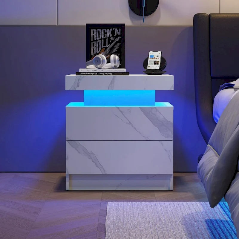 LED Nightstand Bedside Table Cabinet with 2 Drawers for Bedroom