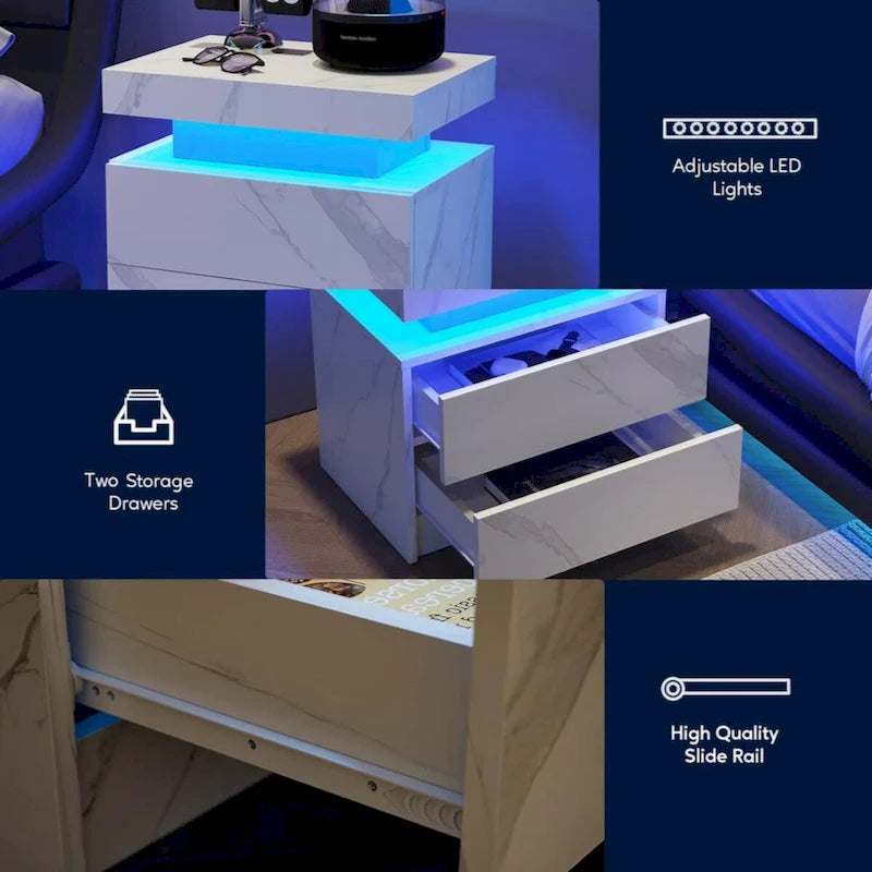 LED Nightstand Bedside Table Cabinet with 2 Drawers for Bedroom