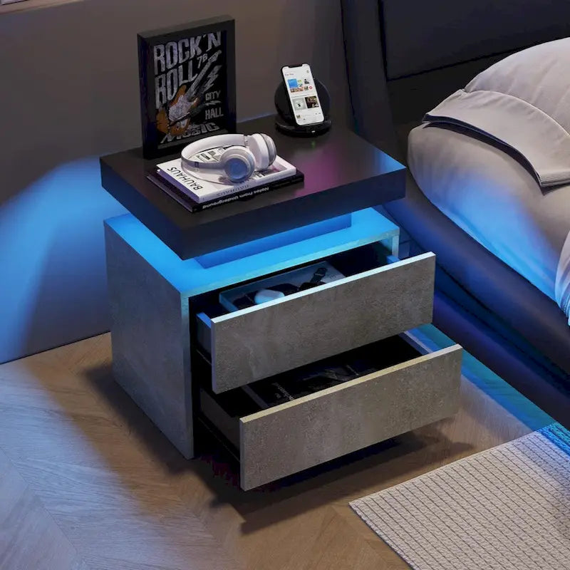 LED Nightstand Bedside Table Cabinet with 2 Drawers for Bedroom