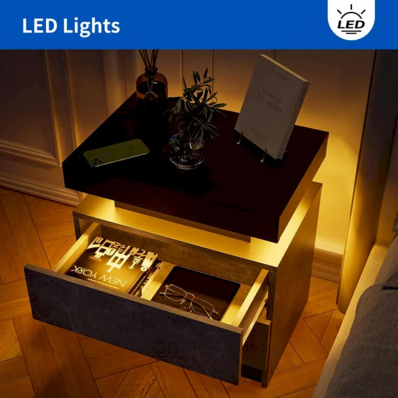 LED Nightstand Bedside Table Cabinet with 2 Drawers for Bedroom