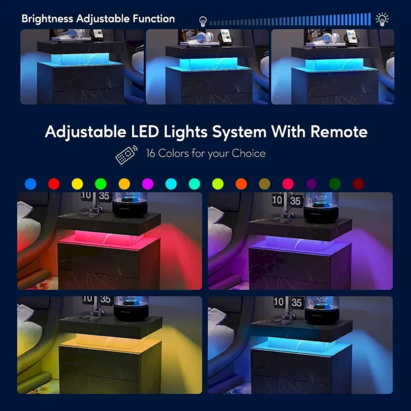 LED Nightstand Bedside Table Cabinet with 2 Drawers for Bedroom