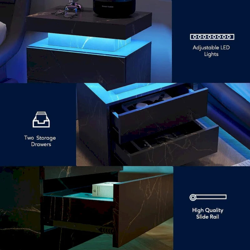 LED Nightstand Bedside Table Cabinet with 2 Drawers for Bedroom