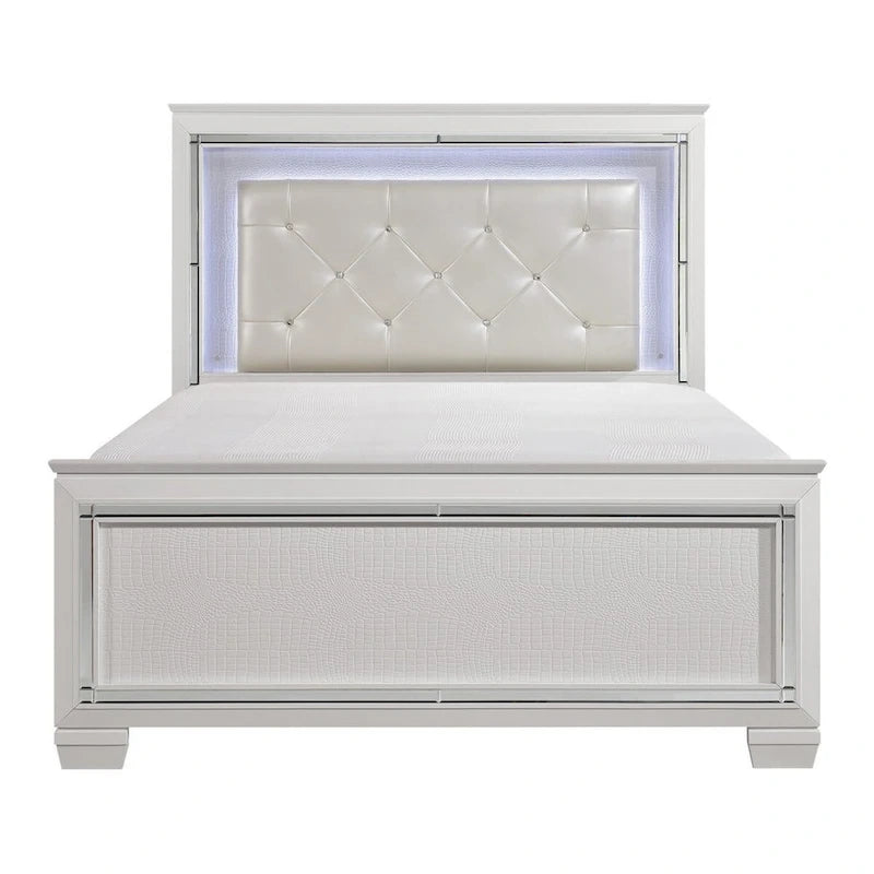 Contemporary Queen Bed with LED Backlit Crystal Tufted Headboard, White