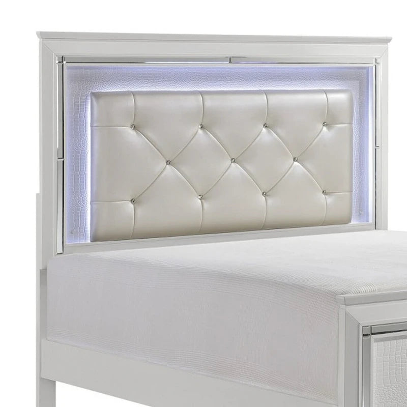Contemporary Queen Bed with LED Backlit Crystal Tufted Headboard, White