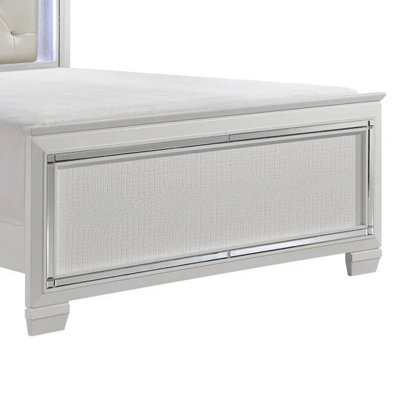 Contemporary Queen Bed with LED Backlit Crystal Tufted Headboard, White
