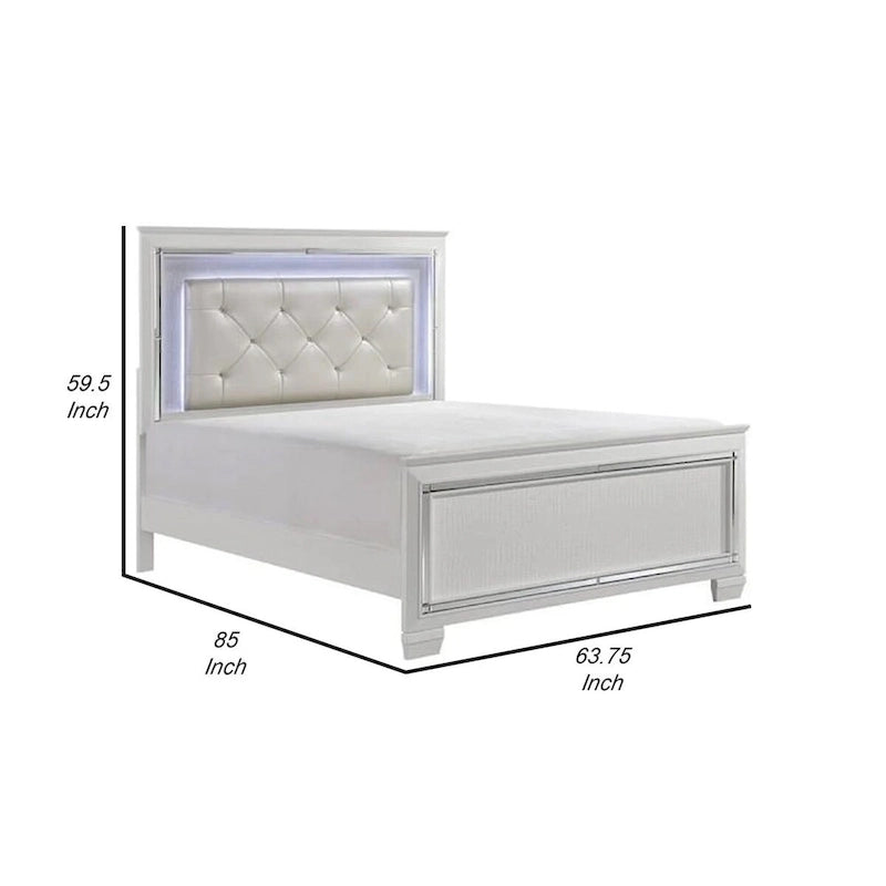 Contemporary Queen Bed with LED Backlit Crystal Tufted Headboard, White