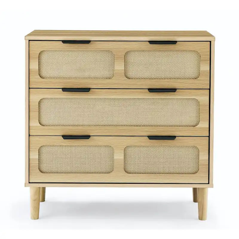 Modern Rattan Dresser Cabinet With Wide Drawers And Metal Handles
