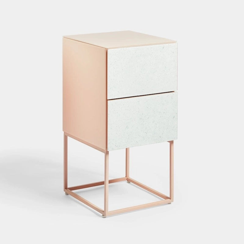 Tempered Glass Marble Stone Double Drawer Nightstand Bedside Table for Bedroom, Living Room