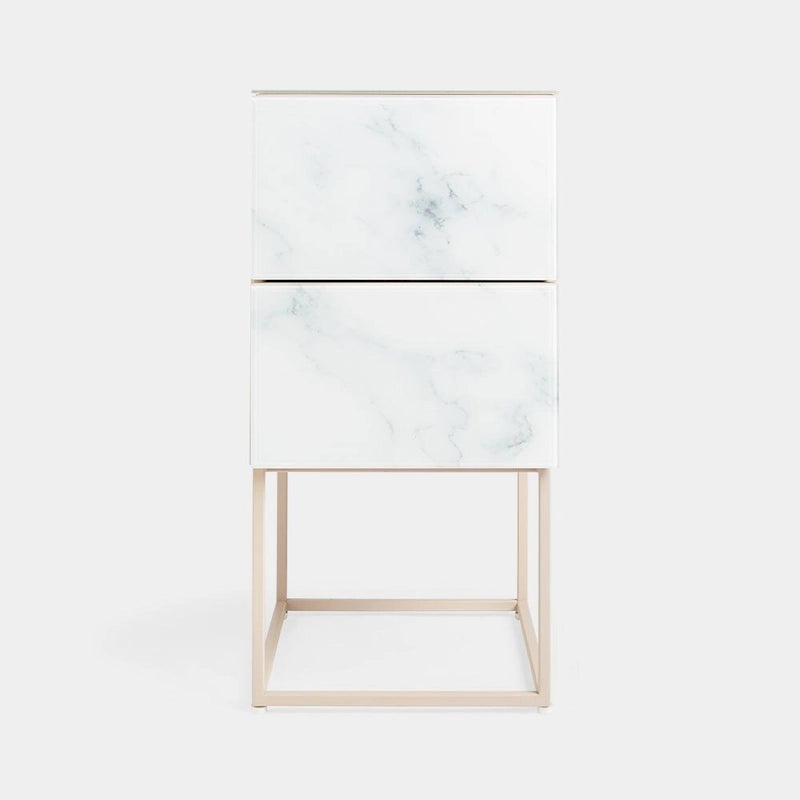 Tempered Glass Marble Stone Double Drawer Nightstand Bedside Table for Bedroom, Living Room