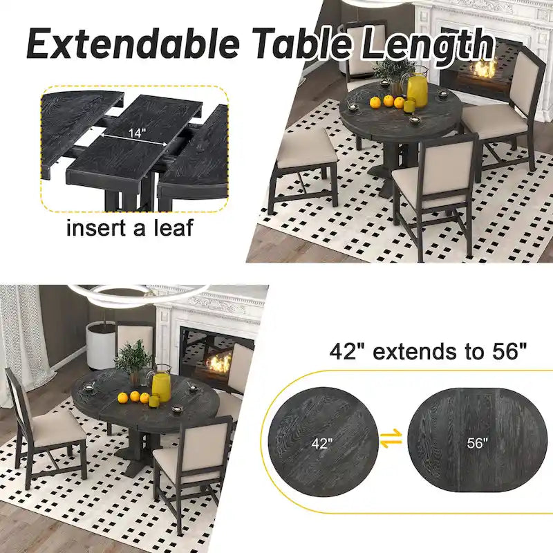 Farmhouse Dining Table, Extendable Round Table for Kitchen and Dining Room
