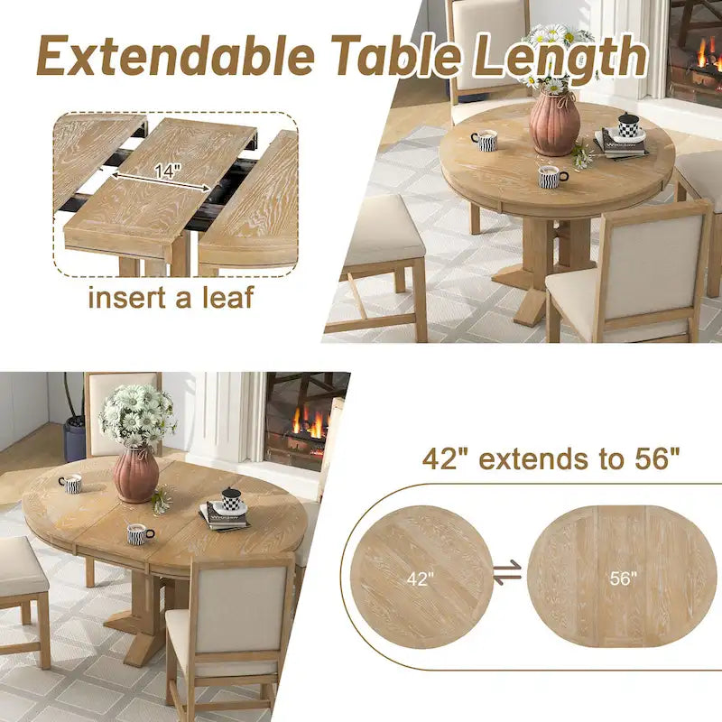 Farmhouse Dining Table, Extendable Round Table for Kitchen and Dining Room