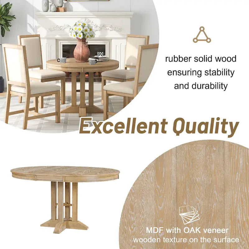 Farmhouse Dining Table, Extendable Round Table for Kitchen and Dining Room