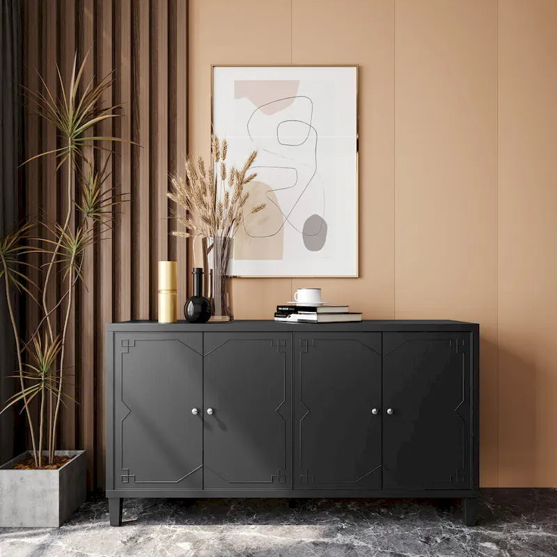 60-in Modern Matte Black 4 Door Wooden Sideboard Buffet Server Accent Storage Cabinet