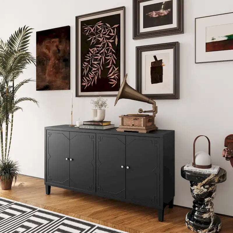 60-in Modern Matte Black 4 Door Wooden Sideboard Buffet Server Accent Storage Cabinet