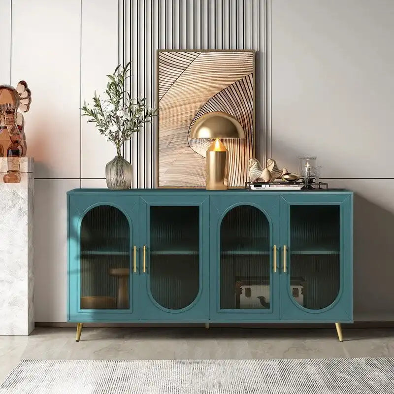 Mid-Century Modern Style 59.8 Wide Sideboard Buffet with Fluted Tempered Glass Doors and Adjustable Shelves